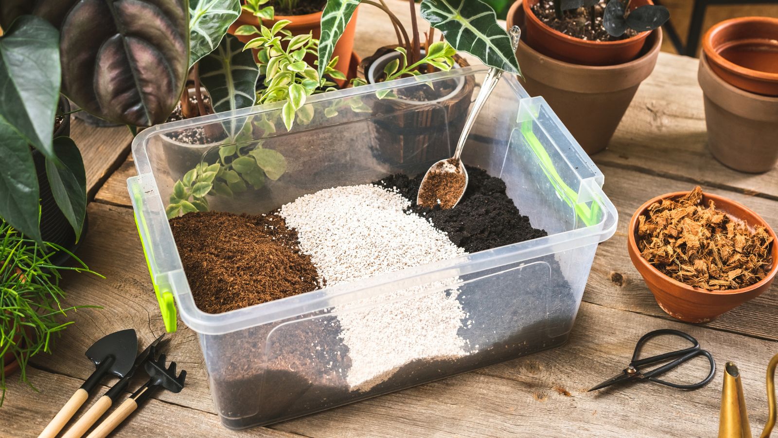 A shot of a container in an unblended planting materials that showcases seed starting mix vs potting soil