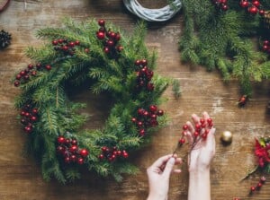 In the hands of a creative artisan, red berries become focal points in festive wreaths crafted from fragrant fir branches. The wooden table serves as a canvas, hosting an arrangement of these handmade wreaths, lush greenery, red berries, and pinecones.