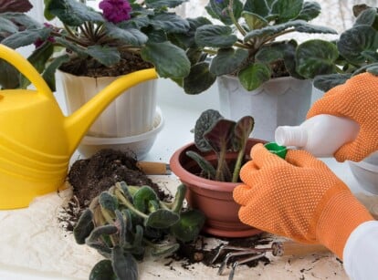 A pair of orange-gloved hands pours a white bottle of liquid fertilizer into the green lid. The gardener is surrounded by a collection of white flowerpots, a yellow watering can, and a mound of brown soil on the white table.