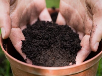 Dark crumbly mix lifted between two hands over a copper-colored container, fine and organic in texture.