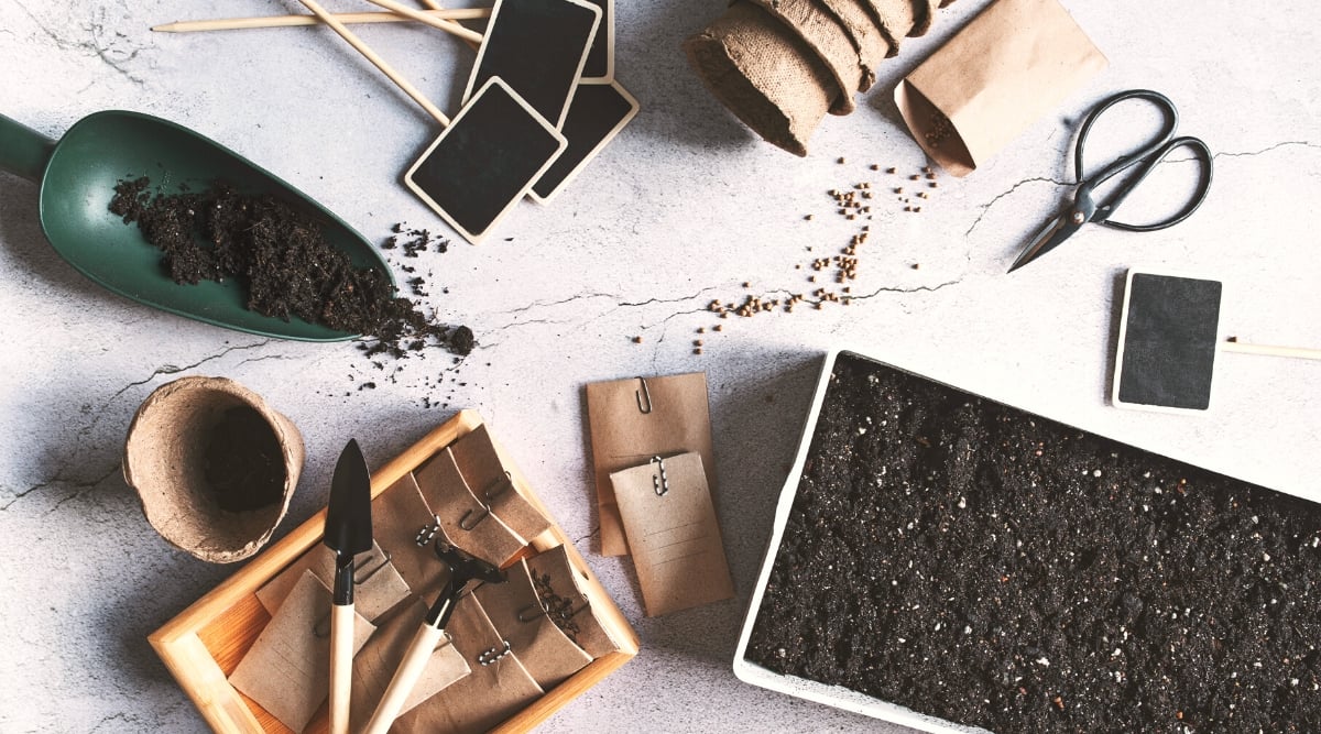 Top view, close-up of materials for sowing seeds. On the white table, there are tray filled with black soil, a tray of seeds in paper bags, kitchen shears, a garden shovel, and peat pots.