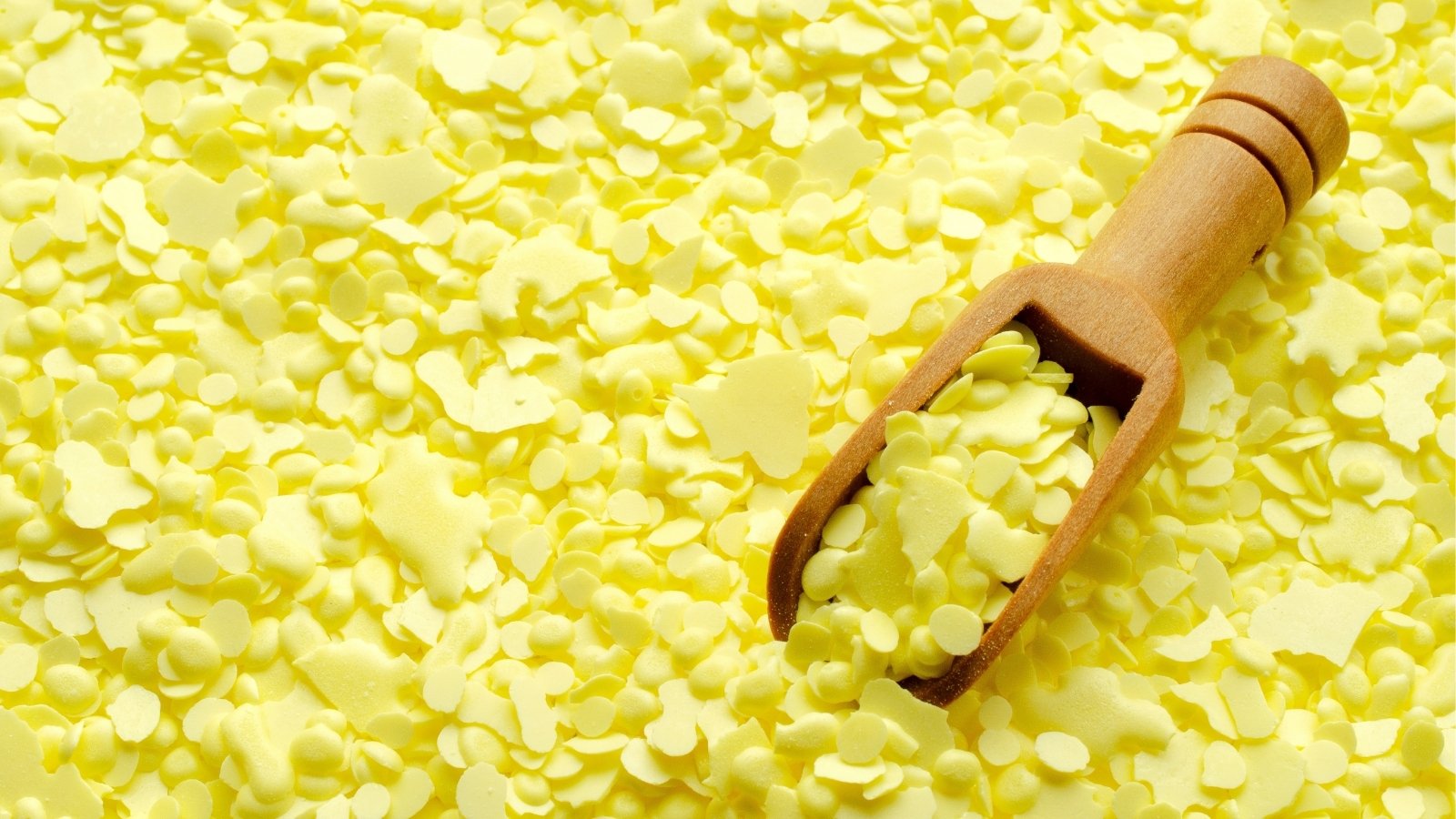 A heap of sulfur granules captivates with its sunny yellow hue, each granule shimmering in the light. A wooden scoop nestled among the granules hints at their utility and purpose.