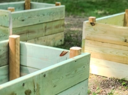 Close-up of pressure-treated wood beds in the garden. Pressure-treated wood beds are sturdy and rustic, featuring natural wood grains and a greenish-brown tint indicative of the treatment process. The wood panels are thick and solid, joined at the corners with wood brackets and screws for stability.