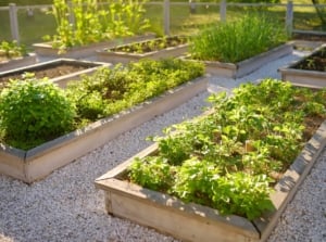 Wooden garden beds neatly arranged in a sunlit garden, offering a rustic charm to the outdoor space. Sunlight filters through the leaves, casting a warm glow on the thriving greenery, creating a tranquil oasis in the backyard.