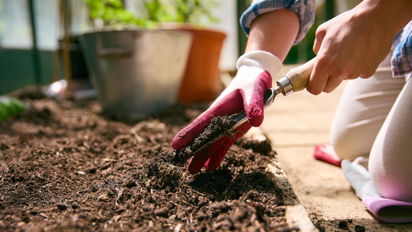 In a close-up scene, a female gardener meticulously adds compost to the soil of a garden bed, using a garden trowel, illuminated by the warm rays of the sun.